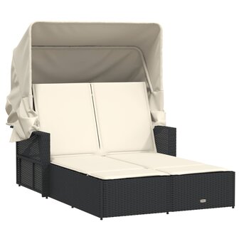 Ligbed 2-persoons met luifel en kussens poly rattan zwart 2
