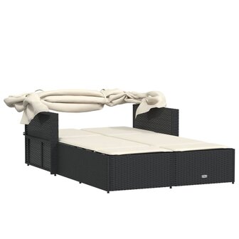 Ligbed 2-persoons met luifel en kussens poly rattan zwart 7