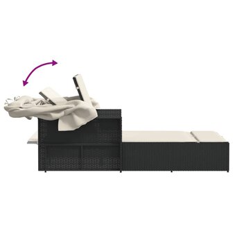 Ligbed 2-persoons met luifel en kussens poly rattan zwart 8