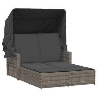 Ligbed 2-persoons met luifel en kussens poly rattan grijs 2