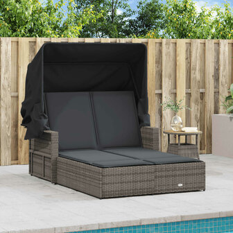 Ligbed 2-persoons met luifel en kussens poly rattan grijs 3