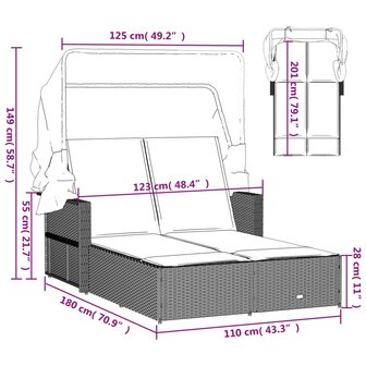 Ligbed 2-persoons met luifel en kussens poly rattan grijs 12