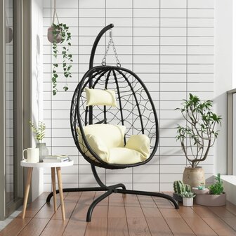 Hangstoel met kussen poly rattan en staal cr&egrave;mewit 1