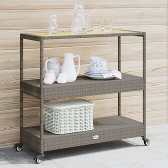 Keukentrolley 3-laags poly rattan en massief acaciahout grijs 1