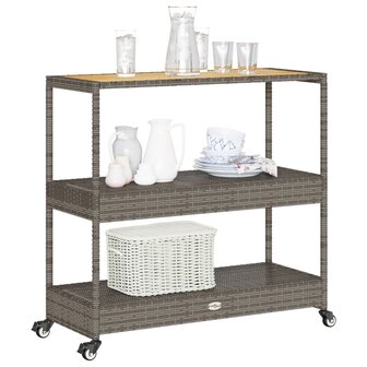 Keukentrolley 3-laags poly rattan en massief acaciahout grijs 4