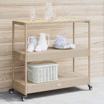 Keukentrolley 3-laags poly rattan en massief acaciahout beige 1