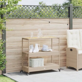Keukentrolley 3-laags poly rattan en massief acaciahout beige 3