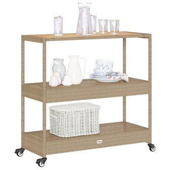 Keukentrolley 3-laags poly rattan en massief acaciahout beige 4