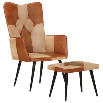 Fauteuil met voetensteun echt leer en canvas bruin 11