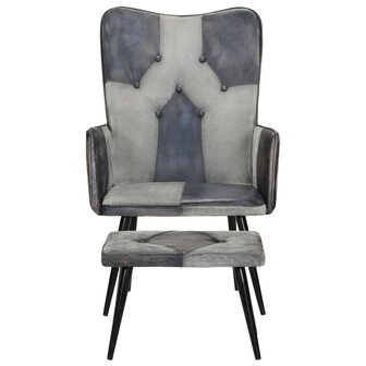 Fauteuil met voetensteun echt leer en canvas grijs 2