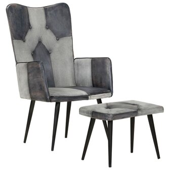 Fauteuil met voetensteun echt leer en canvas grijs 11