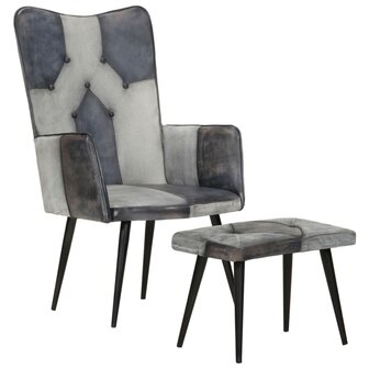 Fauteuil met voetensteun echt leer en canvas grijs 12