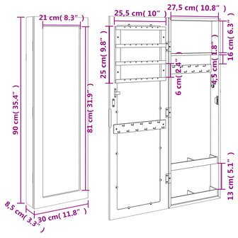 Sieradenkast met spiegel wandgemonteerd 30x8,5x90 cm zwart 11