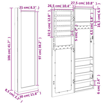 Sieradenkast met spiegel wandgemonteerd 30x8,5x106 cm wit 11