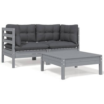 3-delige Loungeset met kussens massief grenenhout grijs 1