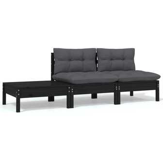 3-delige Loungeset met kussens massief grenenhout zwart 1