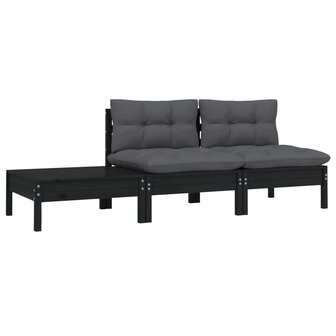3-delige Loungeset met kussens massief grenenhout zwart 2