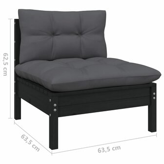 3-delige Loungeset met kussens massief grenenhout zwart 10