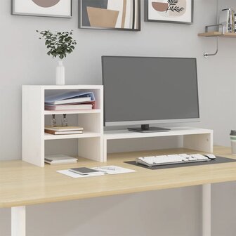 Monitorstandaard 81x20x30 cm massief grenenhout wit 1