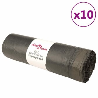 Vuilniszakken met trekkoorden 250 st 60 l zwart 1