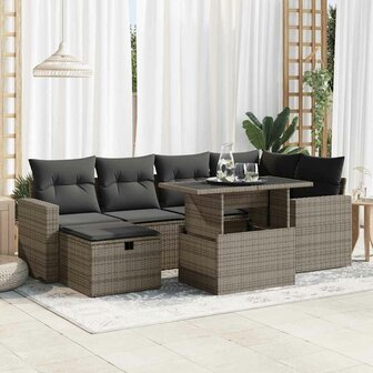 7-delige Loungeset met kussens poly rattan grijs 1