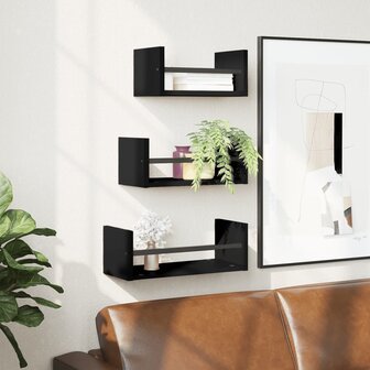 3-delige Wandschappenset met stangen bewerkt hout zwart 1