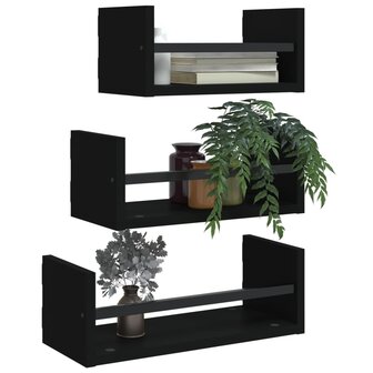 3-delige Wandschappenset met stangen bewerkt hout zwart 3