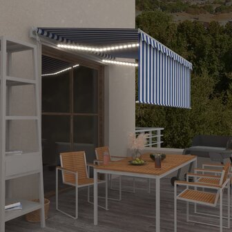 Luifel met rolgordijn, LED en windsensor 3x2,5 m blauw en wit   1