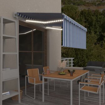 Luifel met rolgordijn, LED en windsensor 3,5x2,5 m blauw en wit   1