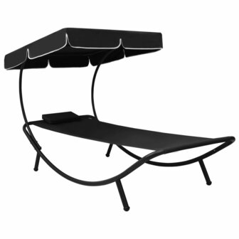 Loungebed met luifel en kussen zwart 1