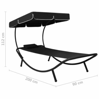 Loungebed met luifel en kussen zwart 7