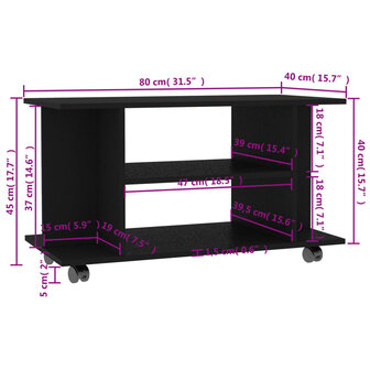 Tv-meubel met wieltjes 80x40x45 cm bewerkt hout zwart 6