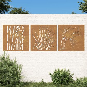 Wanddecoratie tuin 3 st grasontwerp 55x55 cm cortenstaal 1