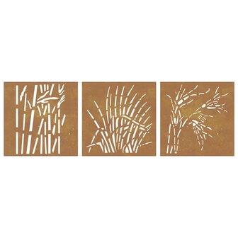 Wanddecoratie tuin 3 st grasontwerp 55x55 cm cortenstaal 4