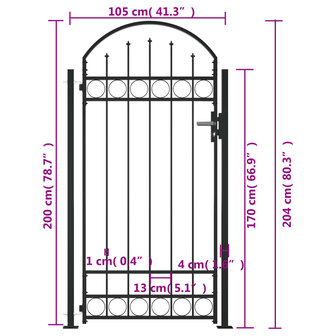 Poort met gebogen bovenkant en 2 palen 105x204 cm zwart 5