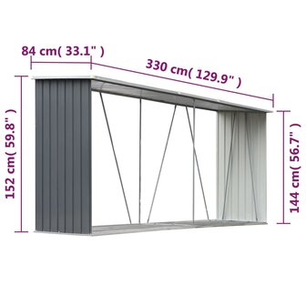 Haardhoutschuur 330x84x152 cm gegalvaniseerd staal grijs  6