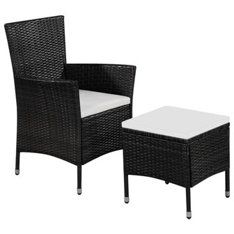 Tuinstoel en kruk met kussens poly rattan zwart 1