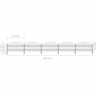 Tuinhek met speren bovenkant (0,75-1)x8,5 m staal zwart 5