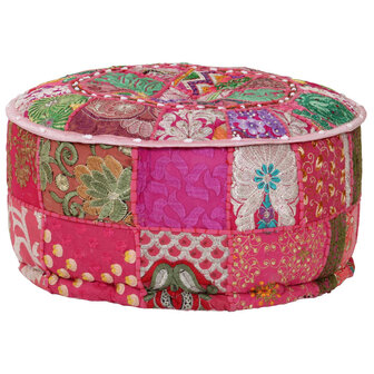 Poef patchwork rond handgemaakt 40x20 cm katoen roze 1