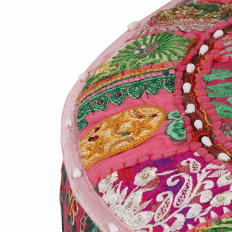 Poef patchwork rond handgemaakt 40x20 cm katoen roze 3