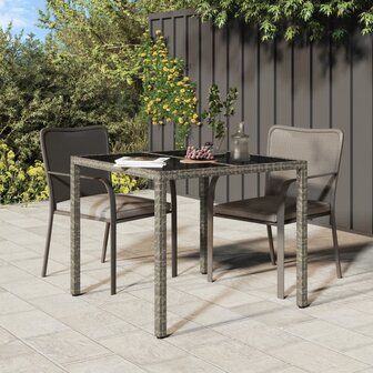 Tuintafel 90x90x75 cm gehard glas en poly rattan grijs 1