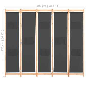 Kamerscherm met 5 panelen 200x170x4 cm stof grijs 8