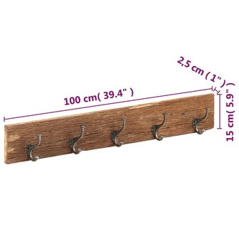 Wandkapstok met 5 haken 100x2,5x15 cm massief gerecycled hout 8