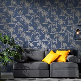 DUTCH WALLCOVERINGS Behang Tropical Trees marineblauw en zilverkleurig 3