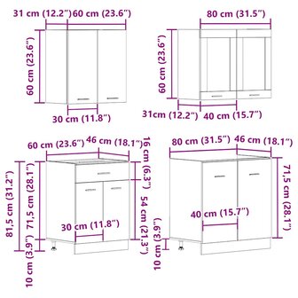 4-delige Keukenkastenset bewerkt hout artisanaal eikenkleurig 8