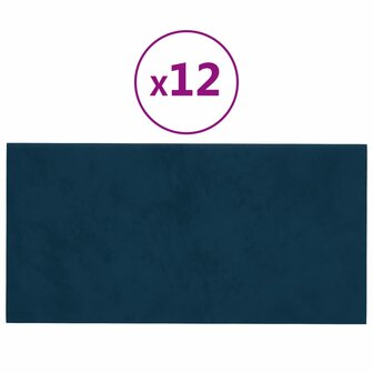 Wandpanelen 12 st 0,54 m&sup2; 30x15 cm fluweel blauw 2