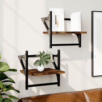 Wandschappen met stangen 2 st 30x25x30 cm gerookt eikenkleurig 1