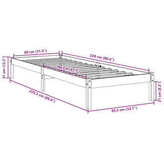 Bedframe extra lang zonder matras massief grenenhout 80x220 cm 9