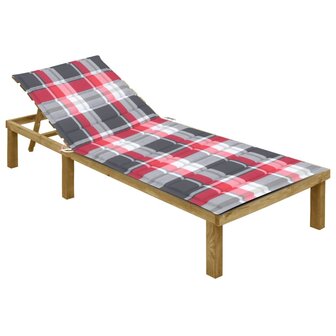 Ligbed met rood geruit kussen ge&iuml;mpregneerd grenenhout 1