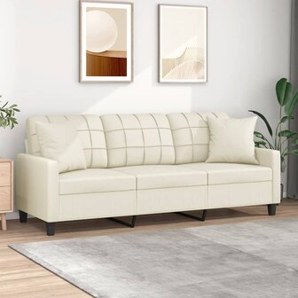 Driezitsbank met sierkussens 180 cm kunstleer cr&egrave;mekleurig 1